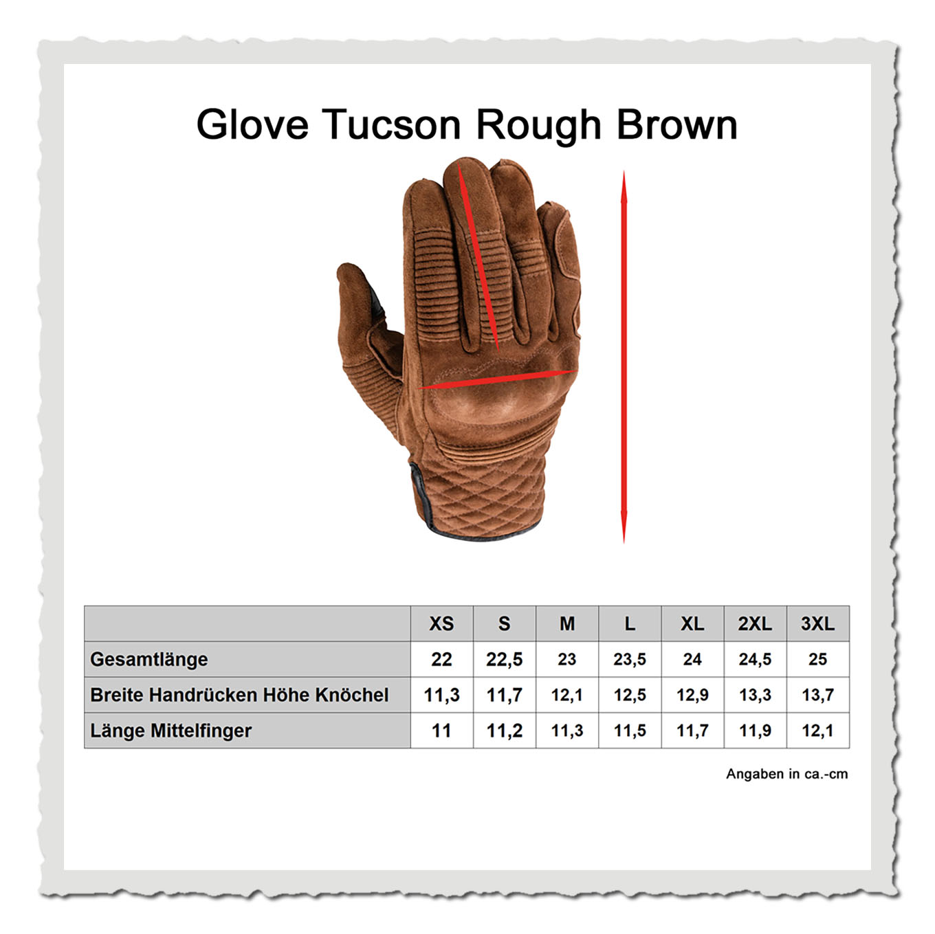 Masstabelle Motorradhandschuh mit Größen-Grafik und freigestelltem Handschuh vor hellem Hintergrund